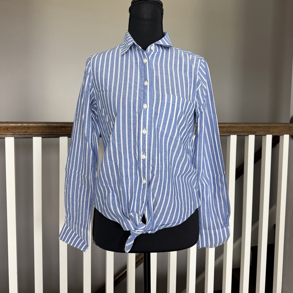 J Crew Blue Striped Long Sleeve Tie Hem Blouse Top XS Coastal Preppy Nautical